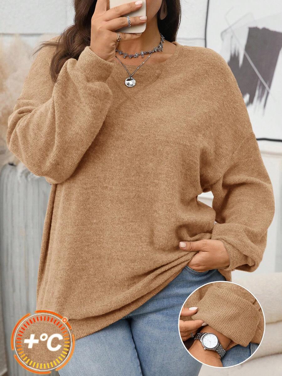 EMERY ROSE بلوزة كاجوال فضفاضة بياقة مستديرة وأكمام طويلة منسدلة للسيدات ذوات الأحجام الكبيرة، لفصلي الخريف والشتاء