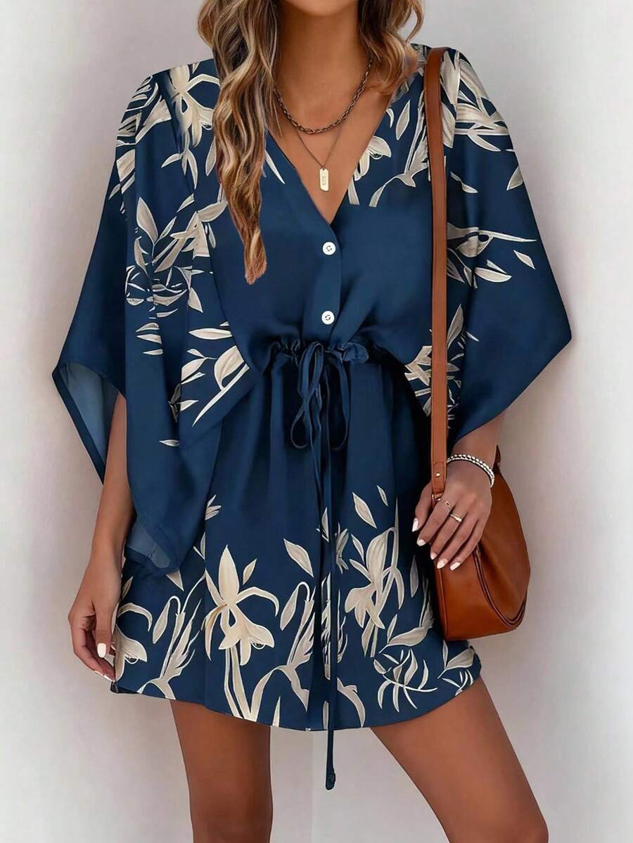 SHEIN LUNE Women's Printed Batwing Sleeve Dress With Botanical Design - Blue - View 1