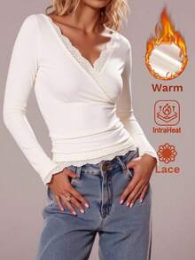 SHEIN MOD Maglietta da donna a maniche lunghe, aderente, con inserti in velluto termico e pizzo - Albicocca - Visualizzare 3