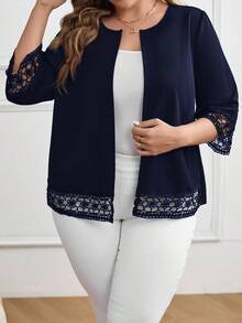 EMERY ROSE Plus Size Elegant Commuter Solid Color Lace Patchwork Blazer/Winter - Navy Blue - View 1