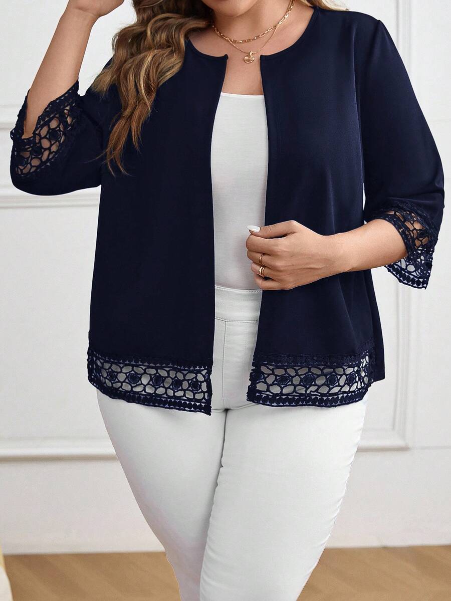 EMERY ROSE Plus Size Elegant Commuter Solid Color Lace Patchwork Blazer/Winter - Navy Blue - View 1