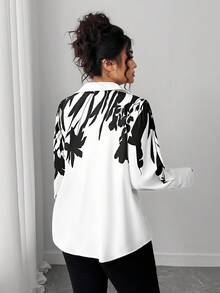 SHEIN Elenzya Blusa feminina plus size, casual, luxuosa, elegante, estampada, estilosa, slim, manga comprida - Preto e Branco - Ver 2