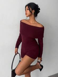 Aloruh 红色露肩针织毛衣和针织短裤套装，休闲家居服和户外装 - 酒紅色 - 查看 3