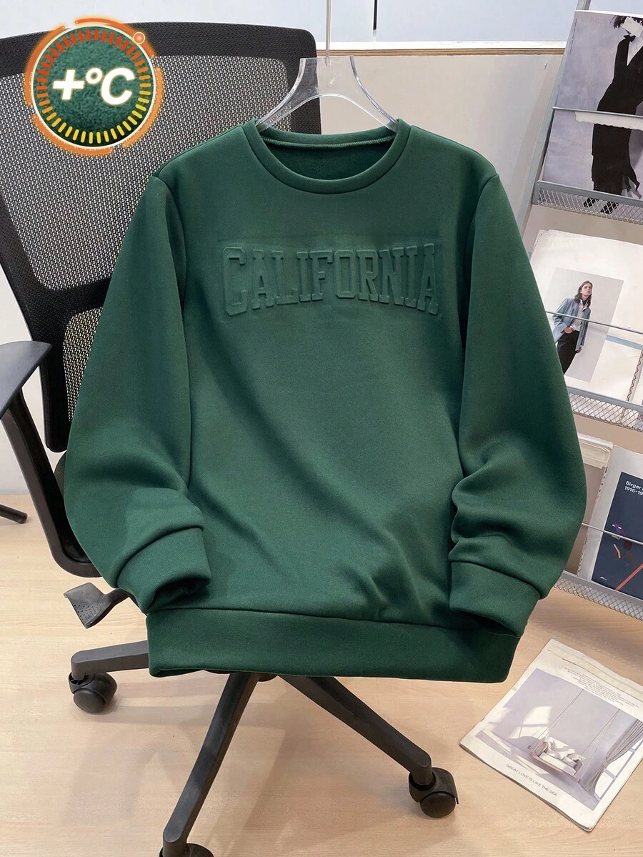 SHEIN Teens Boys' Casual Loose Comfortable Versatile Solid Color Embossed Pattern Crew Neck Sweatshirt Fall Winter - Dark Green - View 1