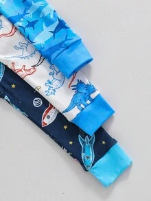 6 件套男童舒适睡衣套装，卡通恐龙、酷炫蓝色海洋鲨鱼、外太空火箭和星球印花，撞色饰边设计，弹力面料 - 彩色 - 查看 6
