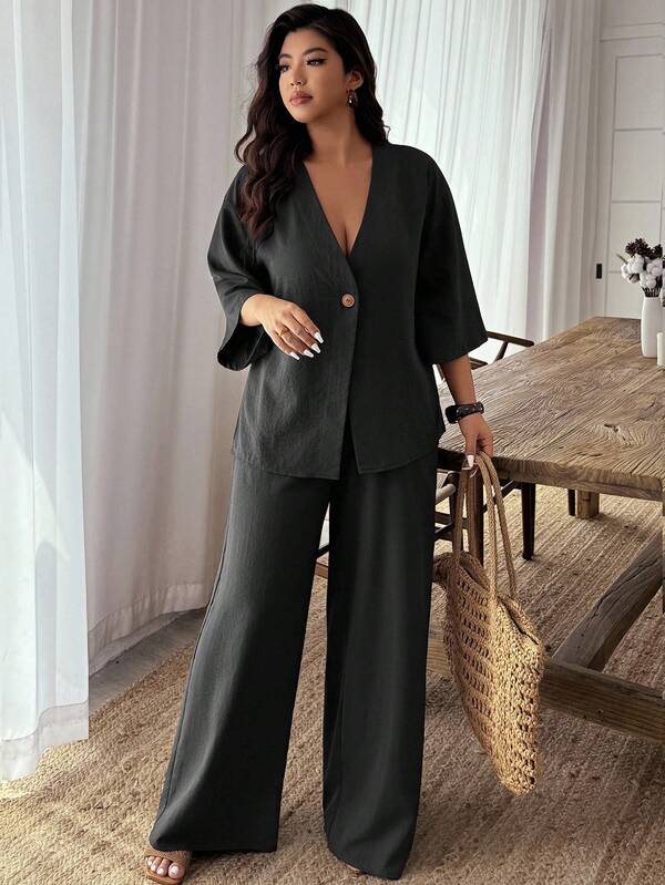 Weeklong Plus Size Solid Color V-Neck Single-Breasted Jacket And Wide-Leg Pants 2 Pieces Set