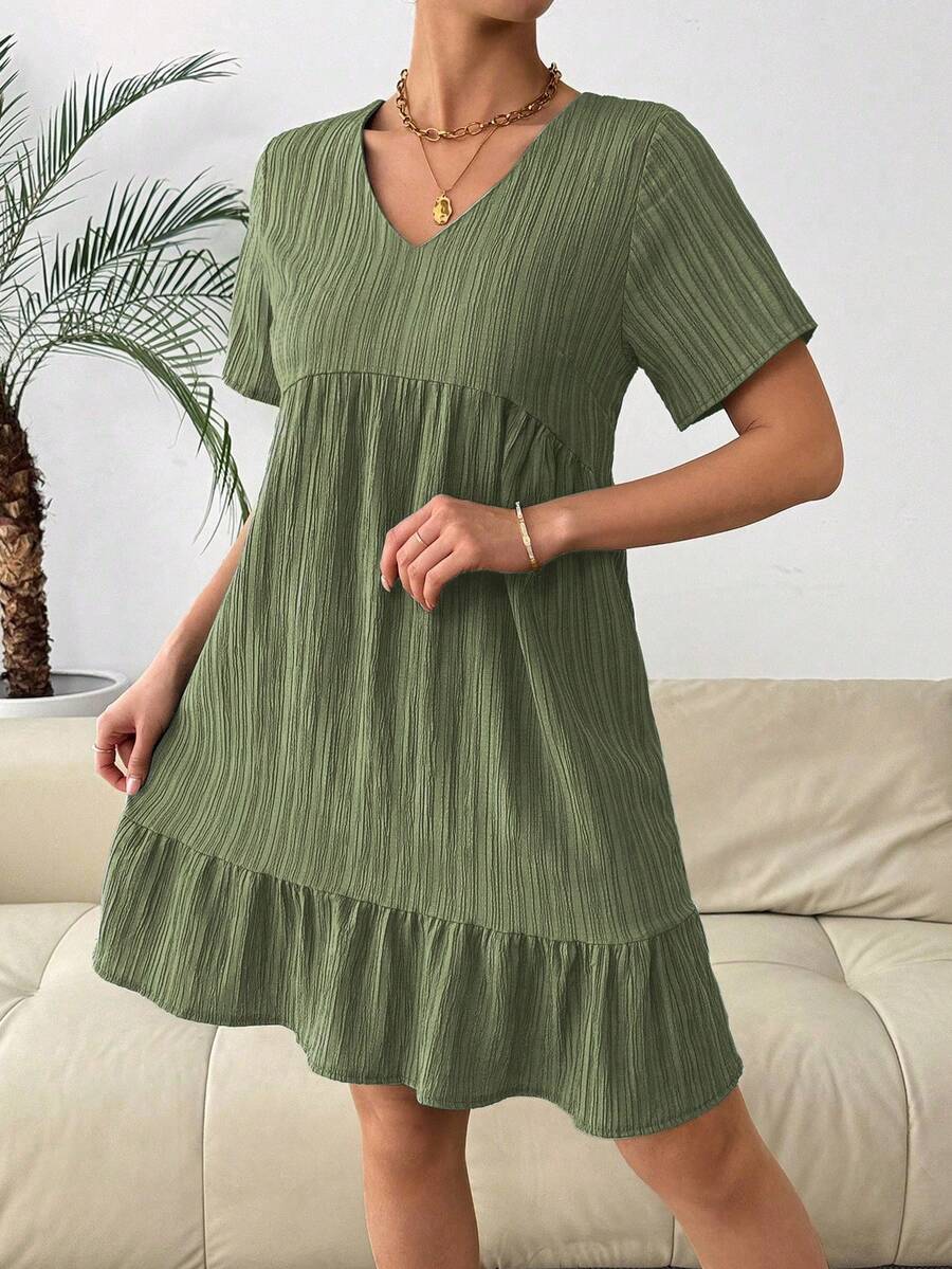 Breezaya 女式纯色V领荷叶边下摆度假风格短袖连衣裙度假海滩装