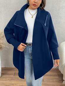 秋冬大码休闲纯色不对称下摆羊毛大衣 - 藏蓝色 - 查看 5