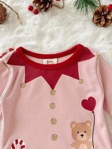 Cozy Pixies 2 件套女婴舒适睡衣，卡通熊印花柔软针织圆领长袖上衣和松紧腰长裤 - 紅白色 - 查看 4