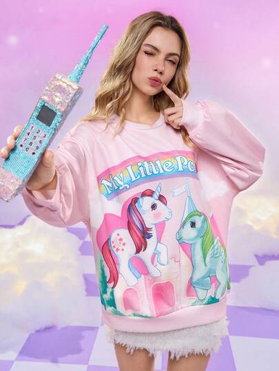 My Little Pony X SHEIN Women's Cute Pony Print Round Neck Drop Shoulder Sweatshirt, Autumn Aesthetic Tops Kawaii Aesthetic Pink Sweatshirt Romwe Kawaii