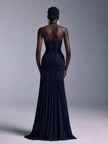 Elitara Elegant Halter Neck 3D Floral Bust Ruched Mesh Sheer Fishtail Bridesmaid Dress - Navy Blue - View 2