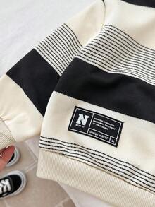 SHEIN 休闲可爱条纹高领长袖针织衫，适合男婴和女婴，舒适外出、上学、日常聚会、秋冬 - 黑與白 - 查看 8