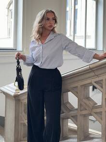 Jeta Ari 女式夏季条纹宽松长袖纽扣男友衬衫，返校服装 - 藏蓝色 - 查看 1