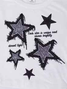 2 件套青少年女孩街头时尚星星贴花短款上衣 + 牛仔效果印花宽松工装裤，休闲套装 - 黑色 - 查看 5