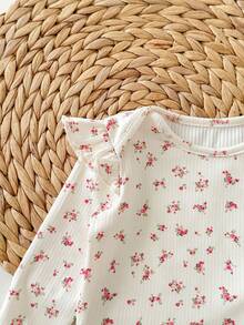 Conjunto de top de manga larga y pantalones de punto con estampado floral lindo y casual para bebé niña recién nacida - Beis - Ver 6