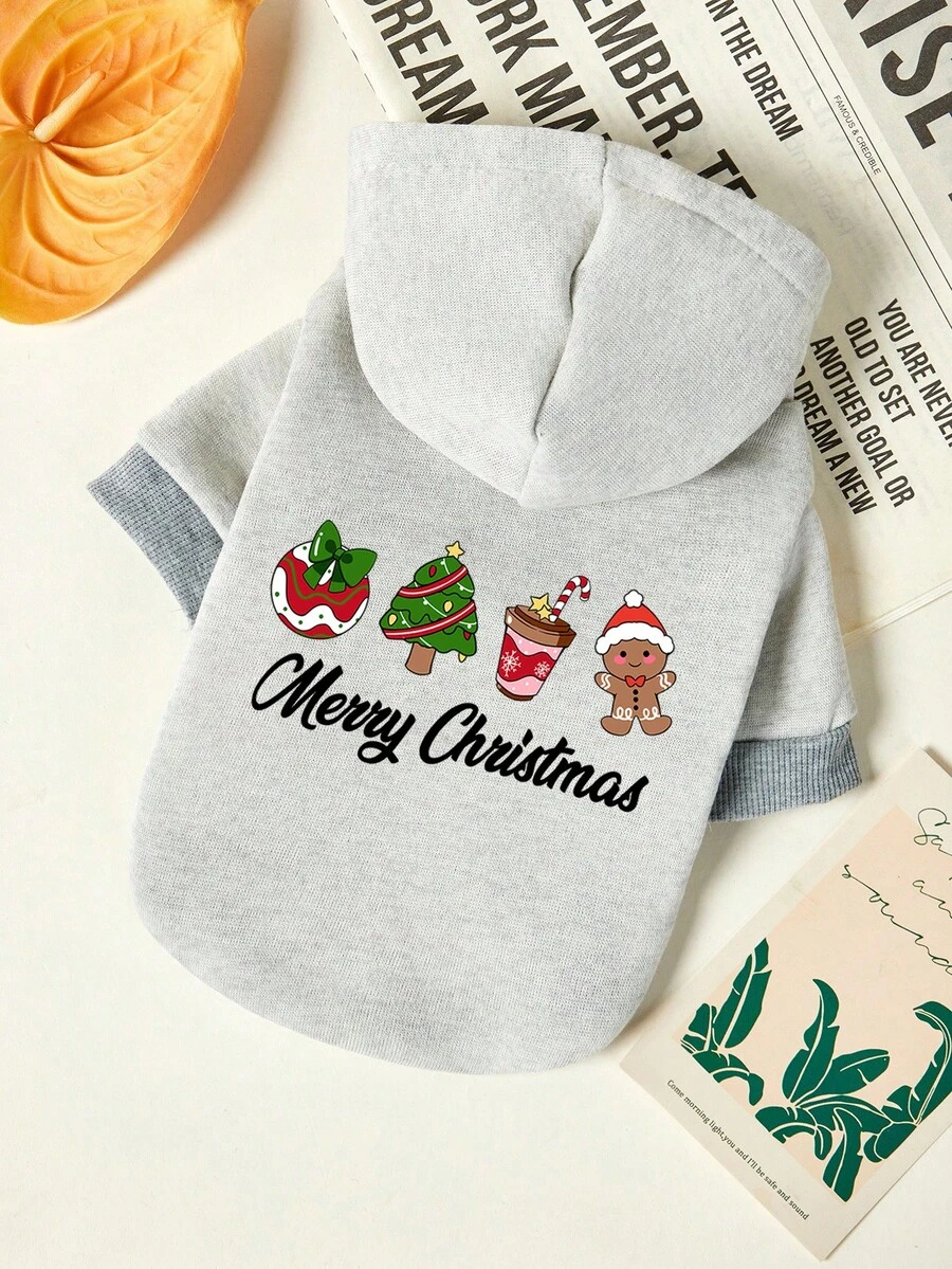 PETSIN 1件圣诞树字母印花宠物灰色连帽衫圣诞节加厚保暖宠物衣服 - 灰色 - 查看 1