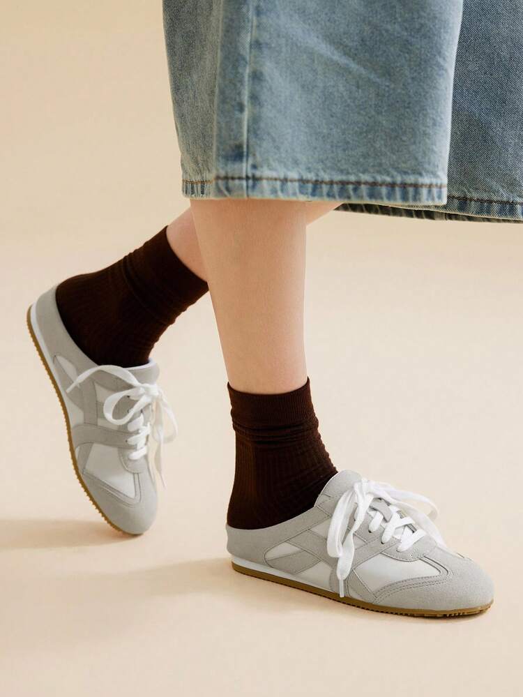 CUCCOO EASI 1 Pair Women's Slip-On Lace-Up Round Toe Flat Casual Sneakers, PU Leather, Gray, Suitable For Casual, Sports, Indoor And Outdoor Daily Wear