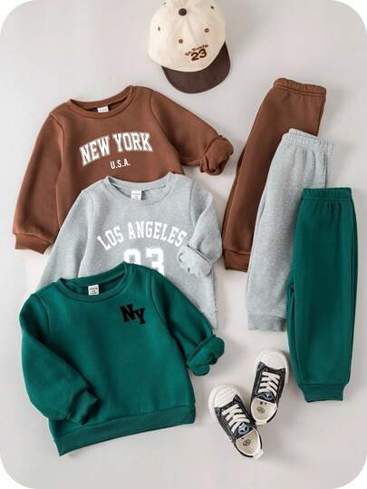 SHEIN 6 件套男婴/女婴百搭纯色卡其绿灰色长袖运动衫和松紧腰裤套装，适合秋冬户外运动