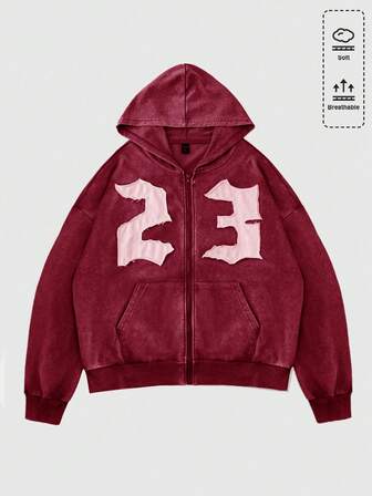 Prep Felpa con cappuccio e chiusura lampo da uomo, stile vintage consumato con ricamo numerico, streetwear, autunnale