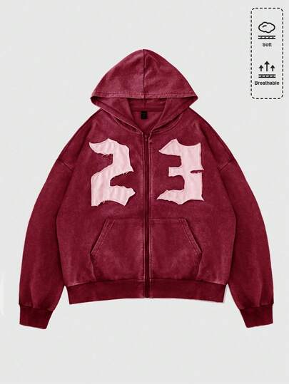 Street Life Sudadera con capucha con cremallera, bordado de números vintage desgastado para hombre, ropa de calle, otoño