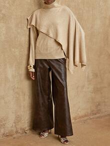 SHEIN Privé VITNOS Beige Women's Turtleneck Sweater & Asymmetrical Cape Two Piece Set,Elegant Autumn Everyday Luxury French Style Cozy Clothes For Party,Holiday - Apricot - View 7