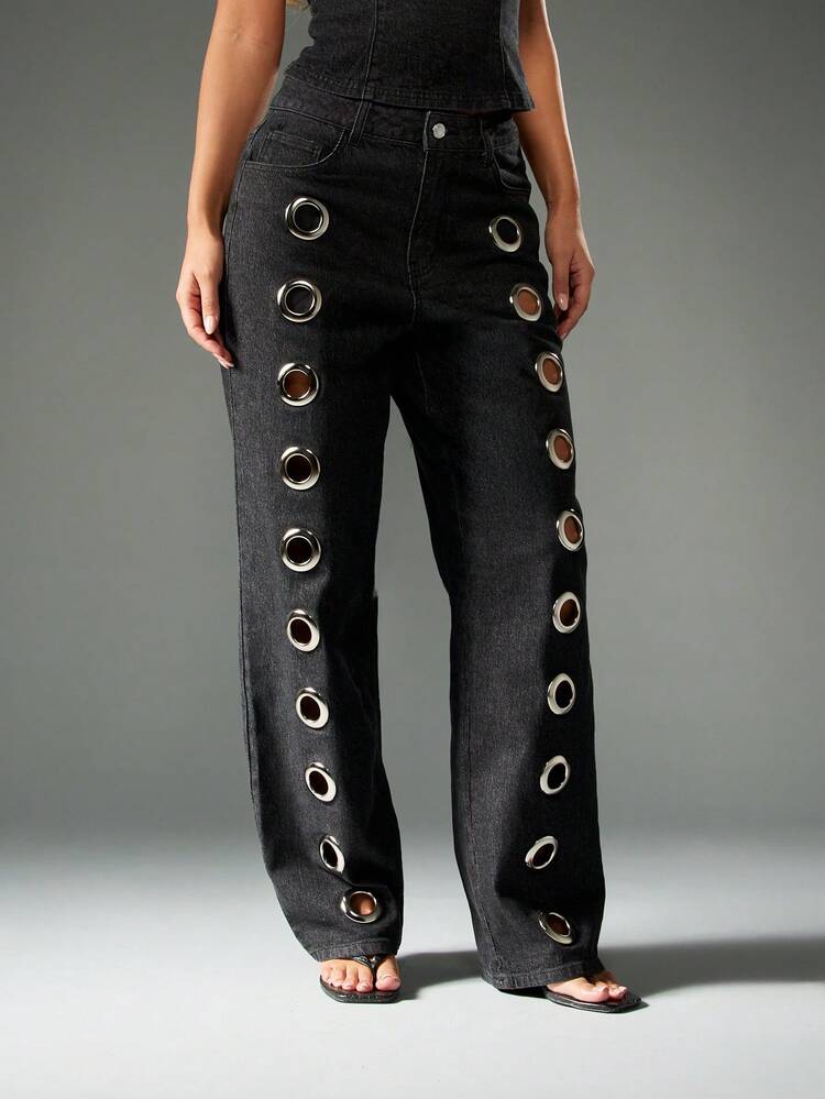 MISSGUIDED Cotton Wide Leg High Rise Black Denim Jeans Metal Eyelet Detail Edgy Gothic Grunge Festival Streetwear Statement Pants Fall Winter Fashion