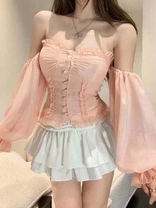 DAZY 女士露肩泡泡袖修身雪纺上衣，适合婚礼、约会、休闲穿着，长袖上衣，嘉年华外出上衣 - 藕粉色 - 查看 3