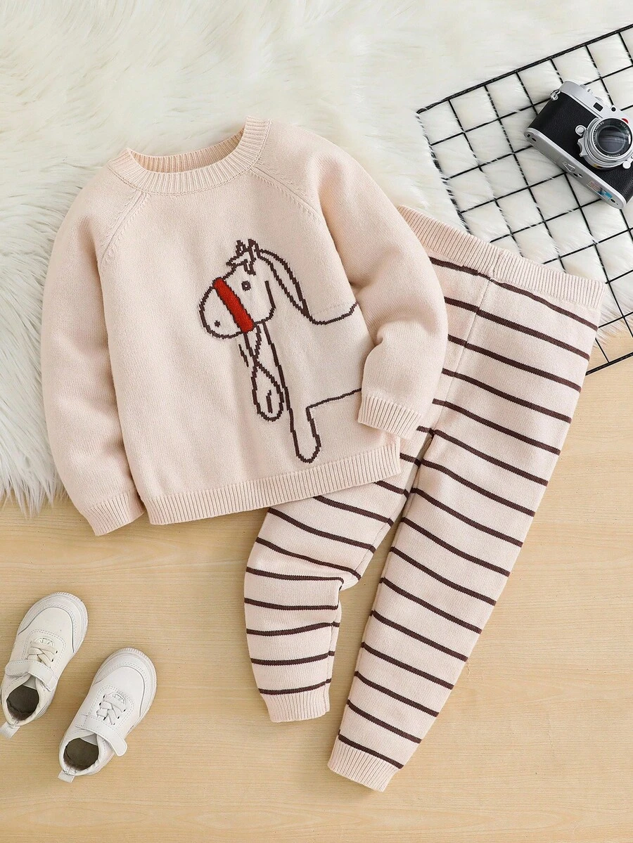 SHEIN 2pcs/Set Young Boy Casual Cat Graphic Round Neck Long Sleeve Top And Striped Print Pants Knit Sweater Outfit Fall Winter - Multicolor - View 1