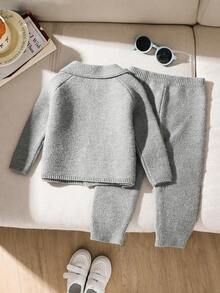 SHEIN 2pcs Baby Boy/Girl Solid Color Collared Long Sleeve Sweater And Pants Set, Suitable For Autumn/Winter - Grey - View 2