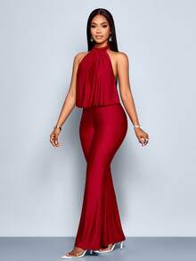 SOLERSUN Tuta elegante e alla moda da donna, di colore tinta unita, con collo alla halter e senza maniche - Bordò - Visualizzare 7