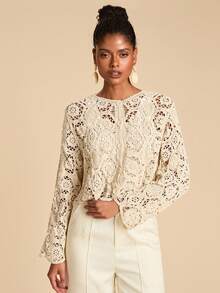 Travachic Cardigan décontracté à manches longues et ajouré pour femmes, léger, pour l'automne. Hauts au crochet pour femmes, pour les fêtes de Noël, le Nouvel An, les invités de mariage, la remise des diplômes élégante, le bal de promo de luxe, le style décontracté - Nude - Voir 7