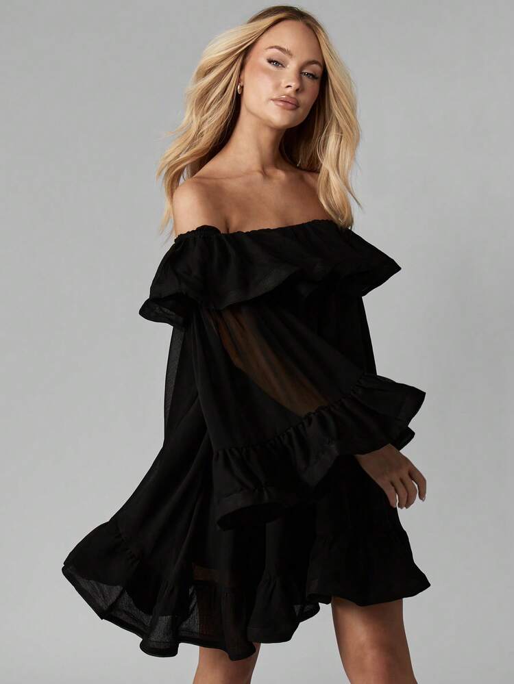 MISSGUIDED Off Shoulder Ruffled Chiffon Mini Dress With Bell