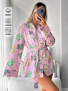 EURMUSE Women Cotton Cute Bear Pattern Long Sleeve Velted Cute Homewear Robe For Ladies - Multicolor - View 1