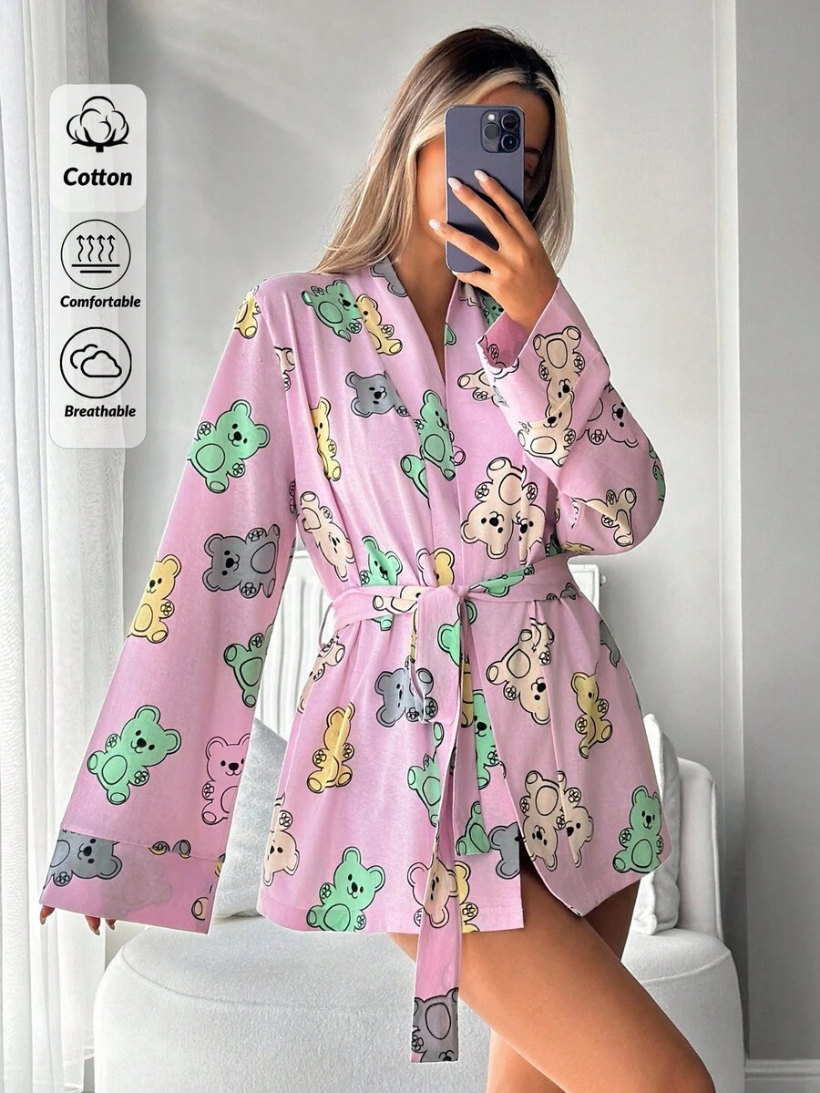 EURMUSE Women Cotton Cute Bear Pattern Long Sleeve Velted Cute Homewear Robe For Ladies - Multicolor - View 1