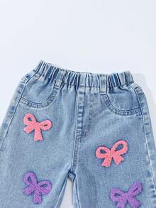 Baby Girls' Denim Wide Leg Pants, Sweet & Cute Casual Vacation Style, Recommended For School Outfit, Pink & Purple Butterfly Embroidered Felt Applique, Light Blue Washed Denim, Elastic Waistband For Comfort And Easy Wear, Loose Fit, Suitable For Home, Outings, Dates, Weekends, All-Year Versatile Denim Wide Leg Trousers Fall Winter - Light Wash - View 7