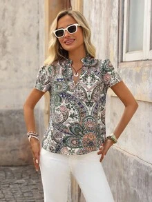 Brillora Blusa con estampado de cuello de muesca - Blanco - Ver 3