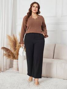 Lacomfia Plus Size Elegant Beaded Embellished Sweater, Autumn/Winter - Coffee Brown - View 4