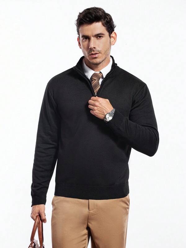 Manfinity Homme 男士休闲套头长袖毛衣，纯色纯色针织保暖内衬，秋冬季，适合外出、朋友聚会