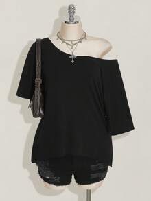 SHEIN ICON Plus Solid Asymmetrical Neck Tee - Black - View 1