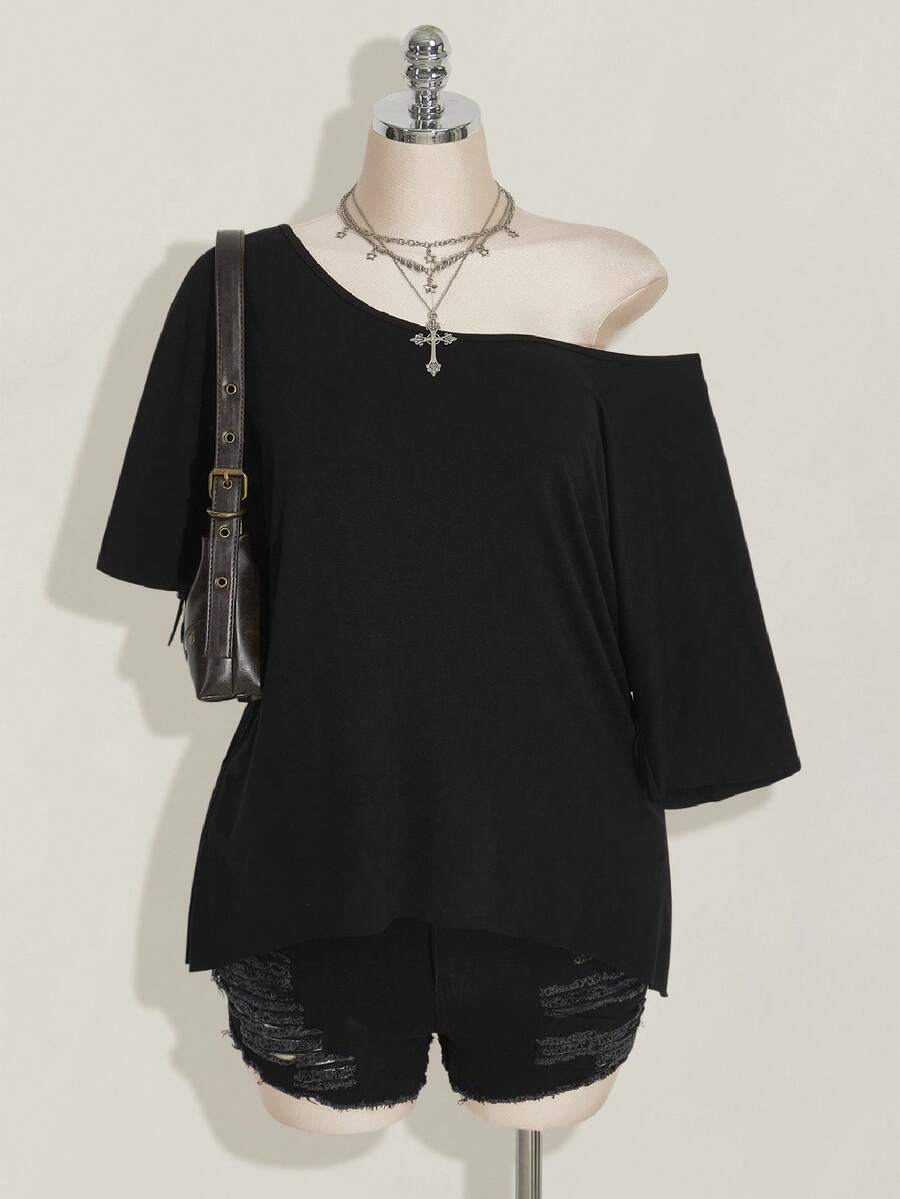 SHEIN ICON Plus Solid Asymmetrical Neck Tee - Black - View 1