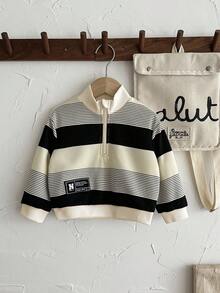 SHEIN 休闲可爱条纹高领长袖针织衫，适合男婴和女婴，舒适外出、上学、日常聚会、秋冬 - 黑與白 - 查看 7