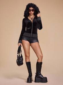 ROMWE Grunge Punk Áo nỉ nhung ôm vừa vặn gợi cảm Y2K đính đá Rhinestone trang trí cho nữ - màu đen - Xem 7