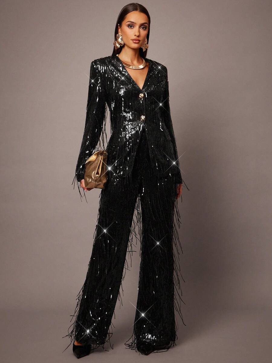 Silquee Autumn And Winter Women's Black Fringe Sequin Fabric Diamond Button Fashion Suit Pants, Suitable For Parties, Gatherings, Dates, Going Out, Wedding Guests, Birthdays, Dates, Halloween, Thanksgiving, Christmas Sequin Fringe Pants Party
