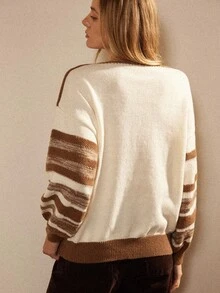 Écloséra Femmes Vintage Décontracté Épaule Tombante Manches Longues Chandail Rayé Contrasté, Automne/Hiver