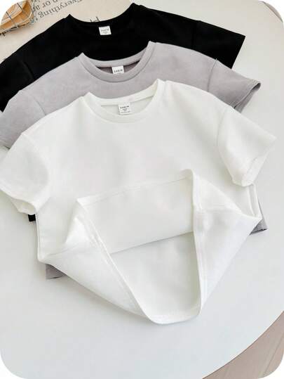 SHEIN 3pcs/Set Kids Summer Clothes, Young Boy Casual Korean Style Solid Color Loose Fleece Crew Neck Short Sleeve T-Shirts, Multi Pack High-Cost-Effective, Suitable For Outdoor Play, Street Photography, Parties