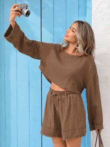 Vivid Eden Women's 100% Cotton Solid Cropped Top And Shorts 2 Pieces Set,Coffee Brown,Autumn,Casual,Vacation,Holiday Comfortable Fall Clothing Two Piece Set - Multicolor - View 4