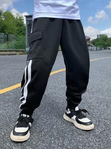 SHEIN 青少年男孩休闲宽松黑白丝带口袋工装运动裤慢跑裤套装，适合上学、居家、日常穿着、运动、生日派对、郊游、百搭且多功能 - 黑色 - 查看 4