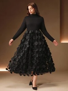 Anewsta 高品质时尚小众大码女装，小立领设计，分层网眼裙，时尚优雅的连衣裙 - 黑色 - 查看 3