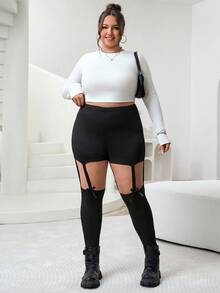 SHEIN CURVE+ 加大码时尚透明网眼拼布蝴蝶结装饰紧身裤，情人节、玫瑰、心形、波尔卡圆点、爱心、嘴唇、丘比特、3D 花朵 - 黑色 - 查看 4