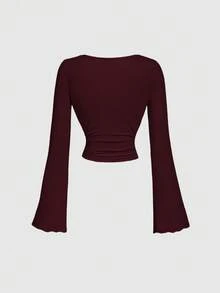 SHEIN MOD Elegante maglietta bordeaux con scollo a barca e maniche a sbuffo, adatta per l'ufficio